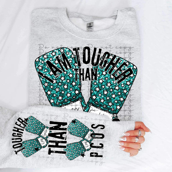 I am tougher than pcos (sequin teal boxing gloves with stars) FRONT ONLY 9916 DTF TRANSFER