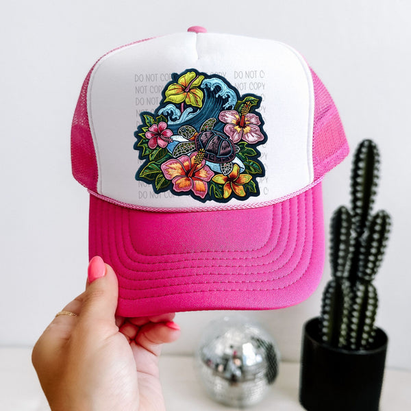 Sea turtle with wave and flowers hat patch (SWD) 33088 DTF transfer