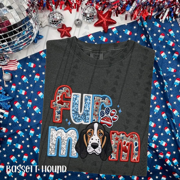 Fur mom basset hound patriotic embroidery 33539 DTF transfer