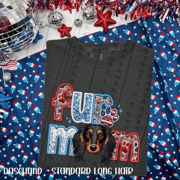Fur mom long hair dachshund patriotic embroidery 33540 DTF transfer