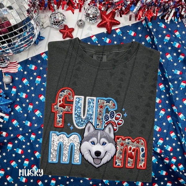 Fur mom husky patriotic embroidery 33535 DTF transfer