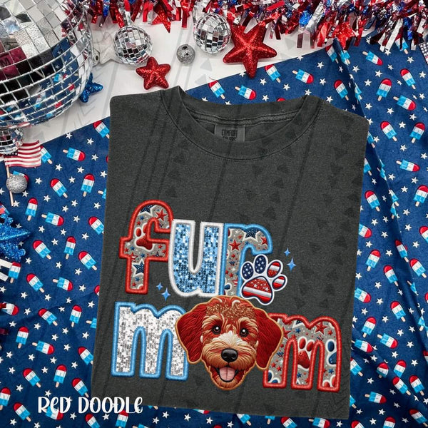 Fur mom red doodle patriotic embroidery 33534 DTF transfer
