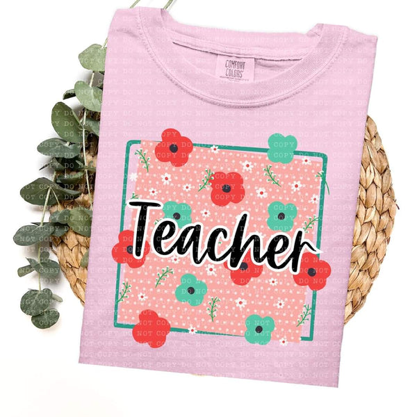Teacher frame with red and green flowers (ECHT) 33777 DTF transfer