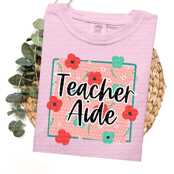 Teacher aide frame with red and green flowers (ECHT) 33776 DTF transfer