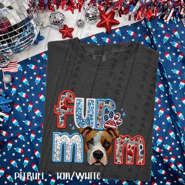 Fur mom fur tan white pitbull patriotic embroidery 33801 DTF transfer