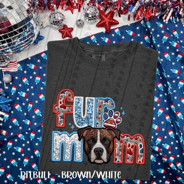 Fur mom fur brown white pitbull patriotic embroidery 33800 DTF transfer