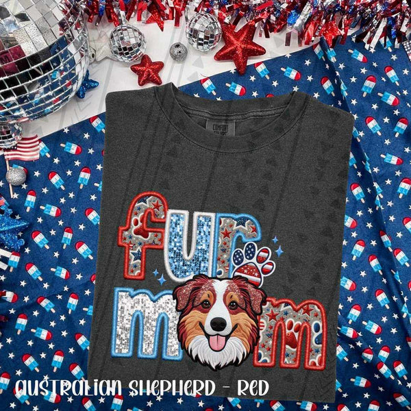 Fur mom fur red australian shephard patriotic embroidery 33798 DTF transfer