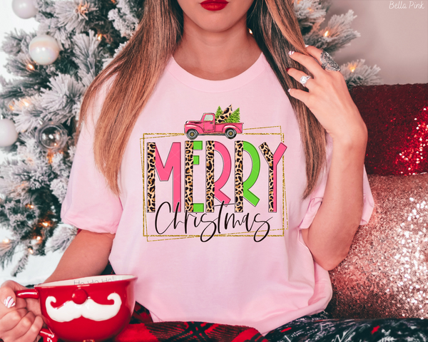 Merry Christmas Truck Pink Leopard Pink Green 8592 DTF TRANSFER