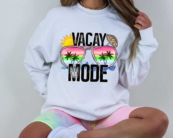 Vacay Mode (reflective sunglasses, palm trees, sun, waves, black distressed block lettering) 9011 DTF Transfer