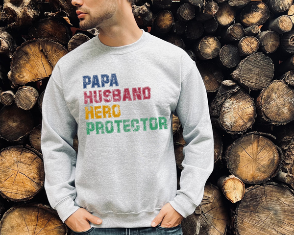 Papa Husband Hero Protector (block lettering distressed blue, red, yellow, green) 1882 DTF TRANSFER