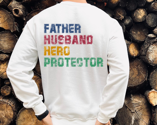 Father Husband Hero Protector (block lettering distressed blue, red, yellow, green) 1883 DTF TRANSFER
