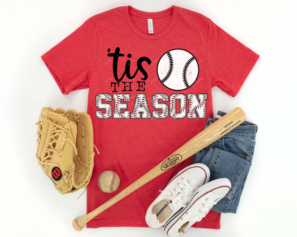 'Tis The Season (baseball, block letters with baseball print, black type lettering) DTF TRANSFER