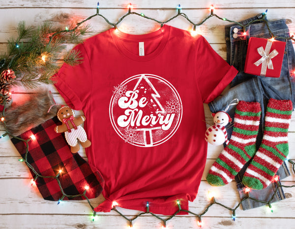 Be merry with tree circle WHITE screen print transfer