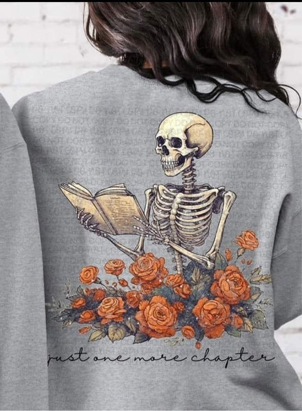 Just one more chapter Skeleton reading book in flowers DTF TRANSFER