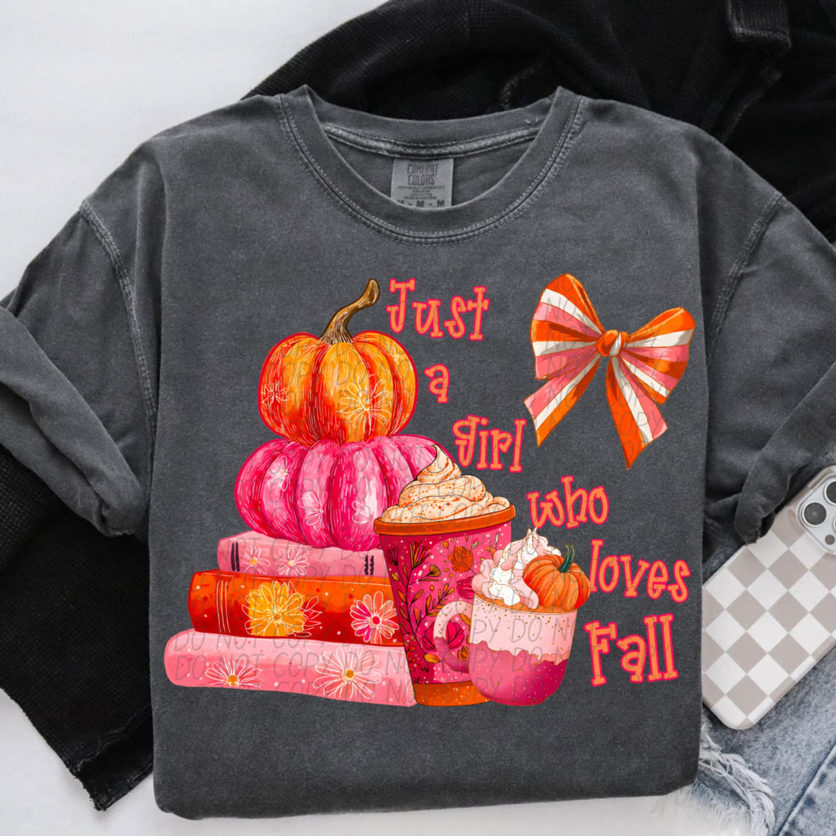 Just a girl who loves fall books pumpkins WITH BOW (City) DTF transfer