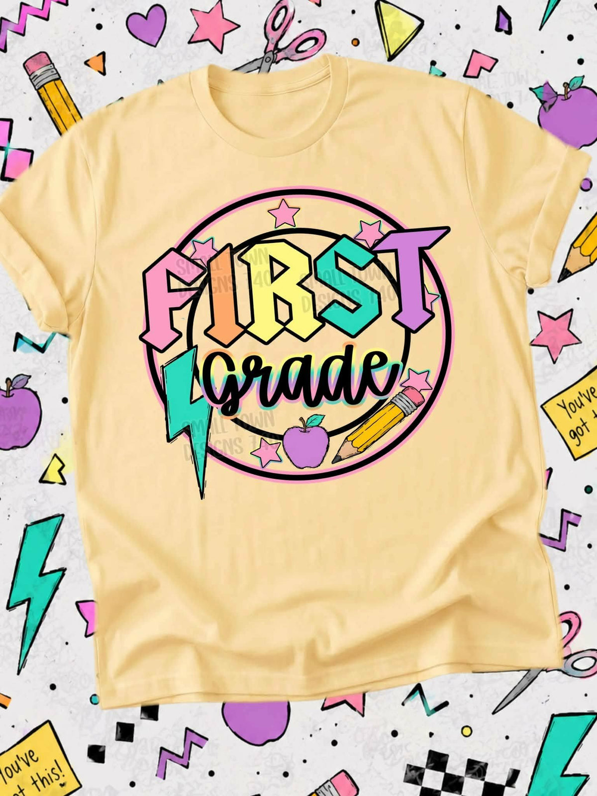 First grade lightning colorful bolt retro circle with stars (STD) DTF Transfer
