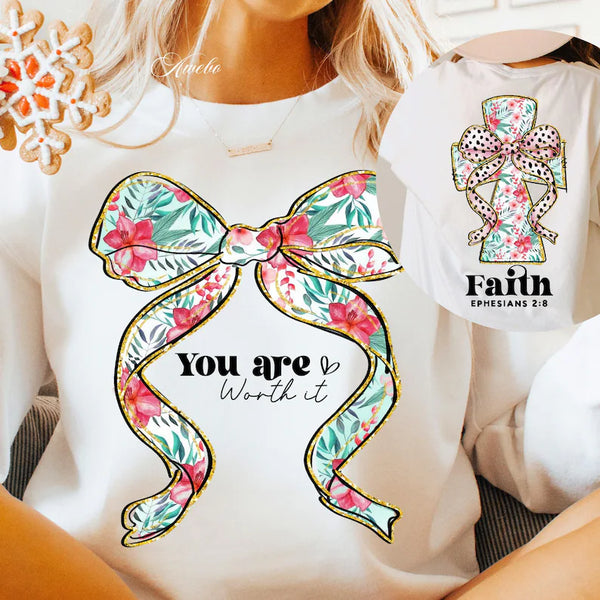 You are worth it floral bow FRONT ONLY 67571 DTF transfer