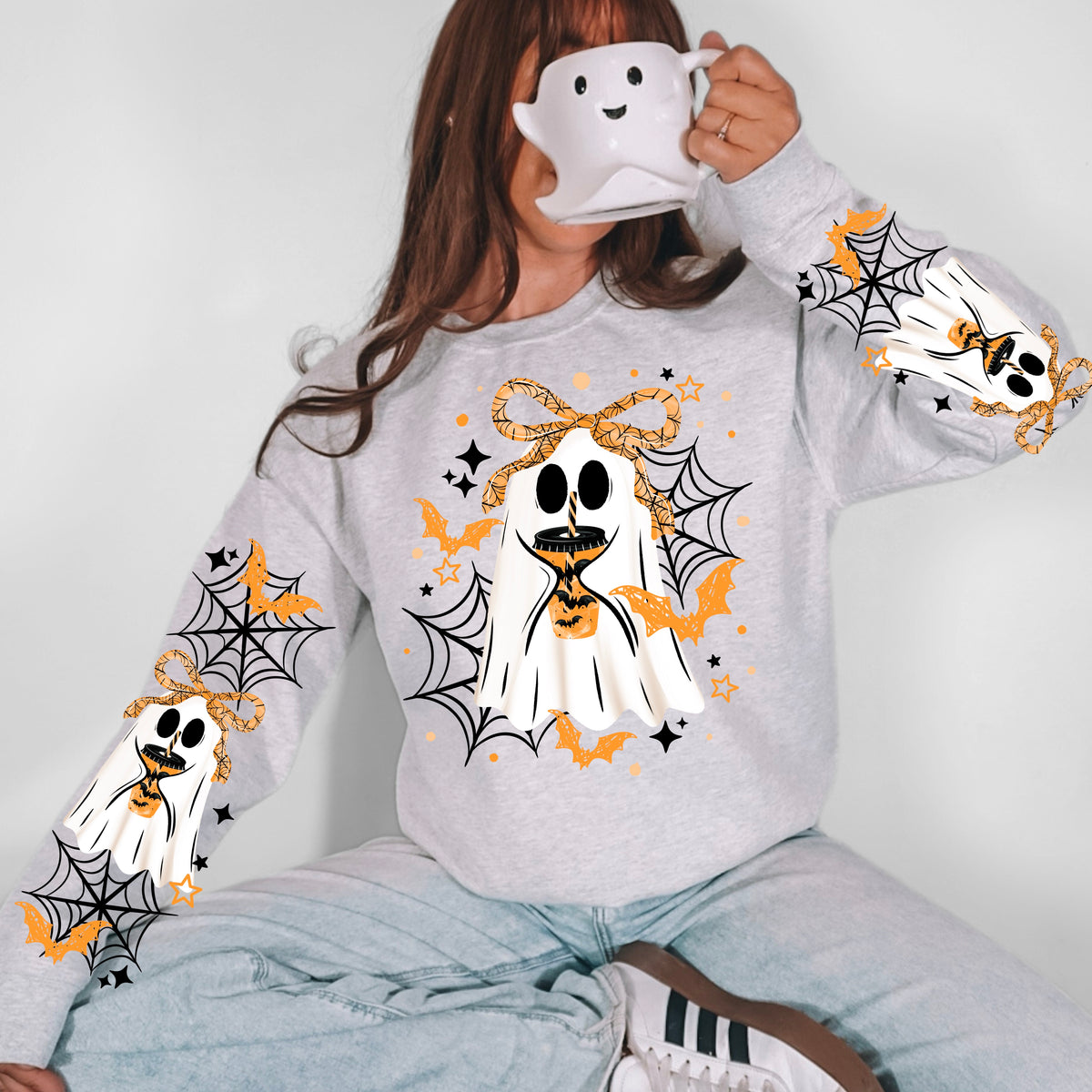 Ghost with orange bow black accents (front only) (CSC) DTF Transfer