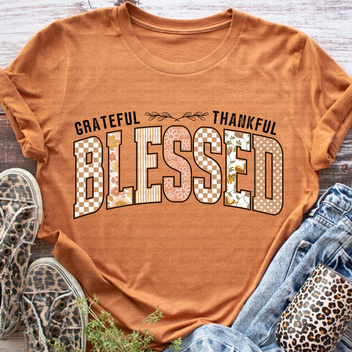 Thankful Grateful Blessed black words REVEL DTF transfer