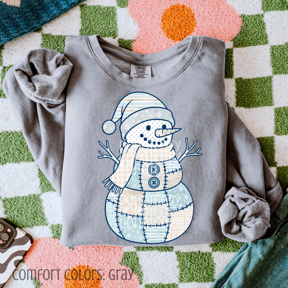 Blue Patchwork Snowman CSG DTF Transfer