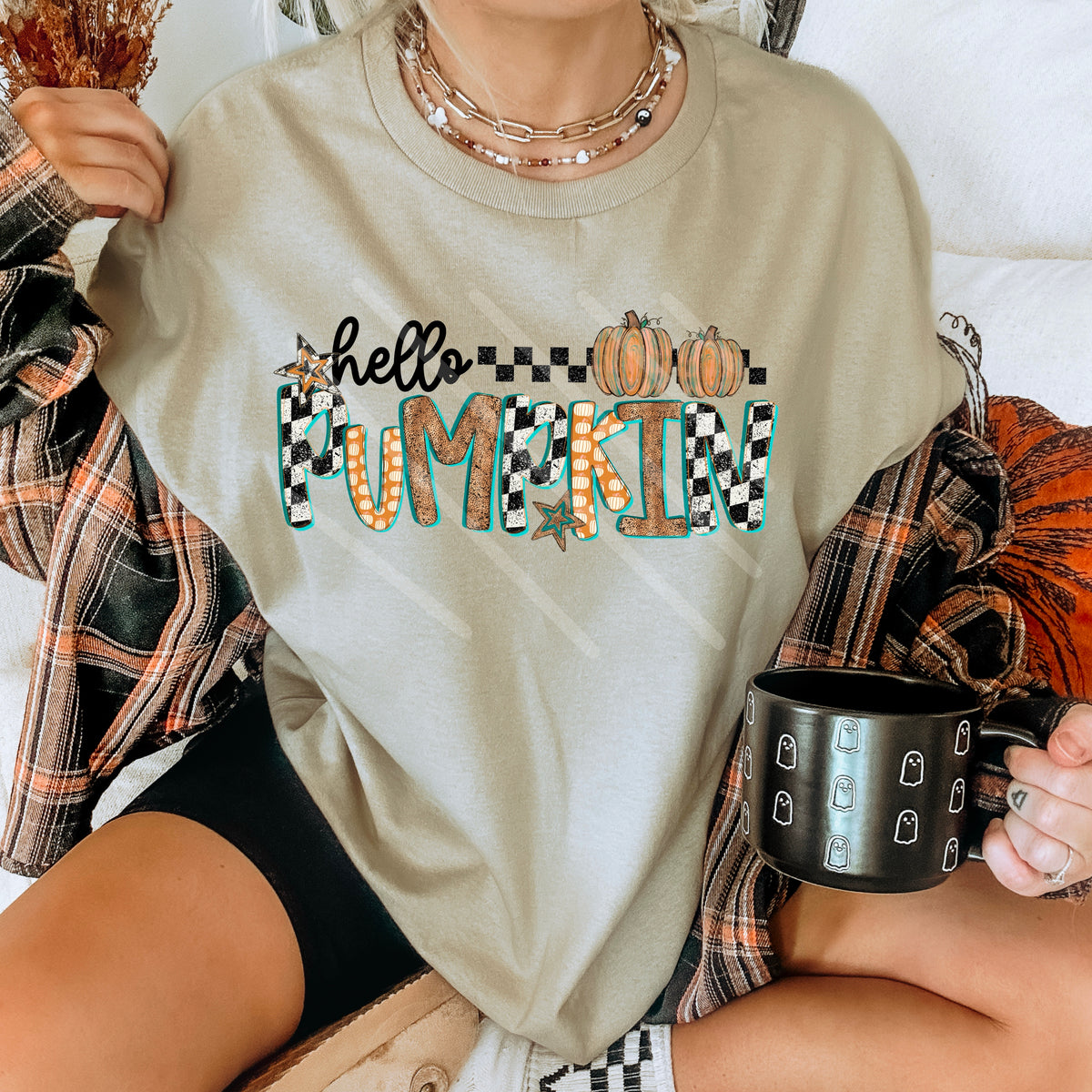 Hello Pumpkin teal and orange checker DTF transfer