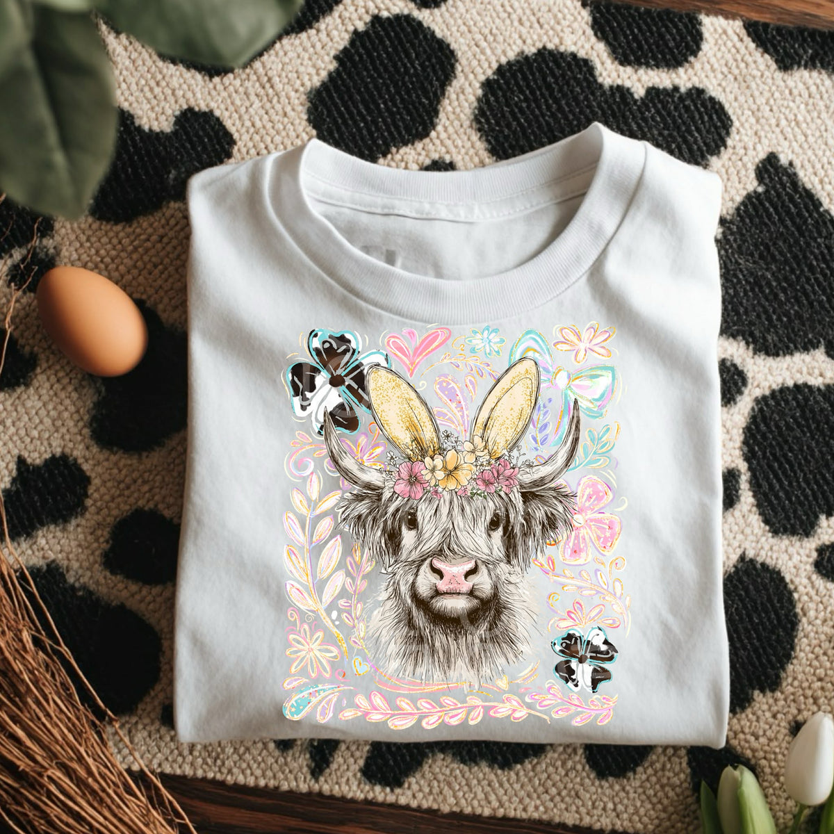 Easter highland cow with bunny ears and pastel frame c's Sunday special DTF transfer