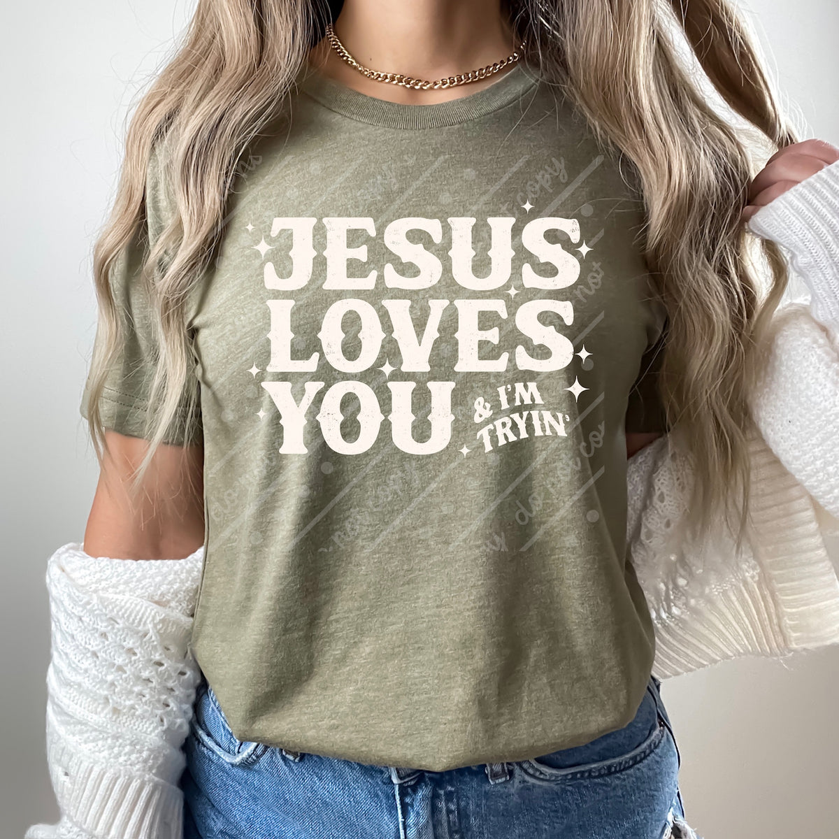 Jesus loves you I’m tryin CREAM (scarlow) DTF transfer