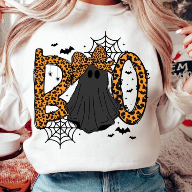 Boo Orange Leopard with Ghost DTF transfers