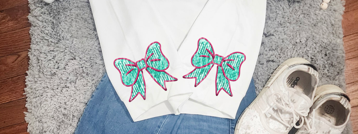 Turquoise And Pink Faux Embroidery Mascot Bows 74059 DTF Transfer
