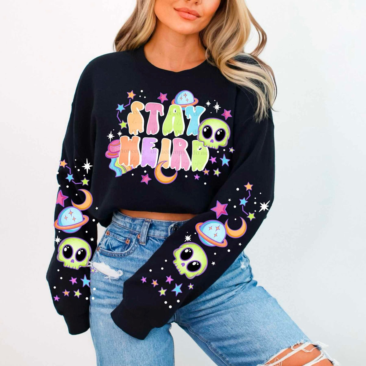 Stay weird white outline FRONT (CSC) 77297 DTF transfer
