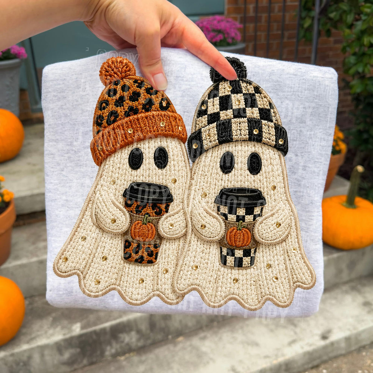 2 ghost leopard hat and checkered hat both with coffees  (SBB) Sunday Special DTF transfer