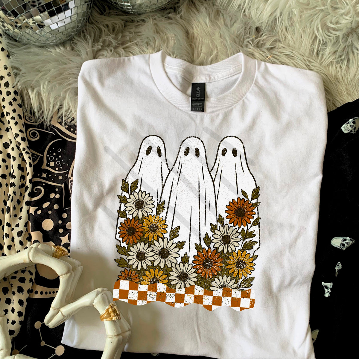 3 Ghosts with flowers and orange wavy checker Ghost 110706 DTF transfer