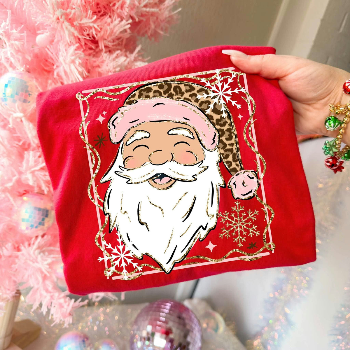 Santa frame pink and leopard hat Sunday Special DTF transfer