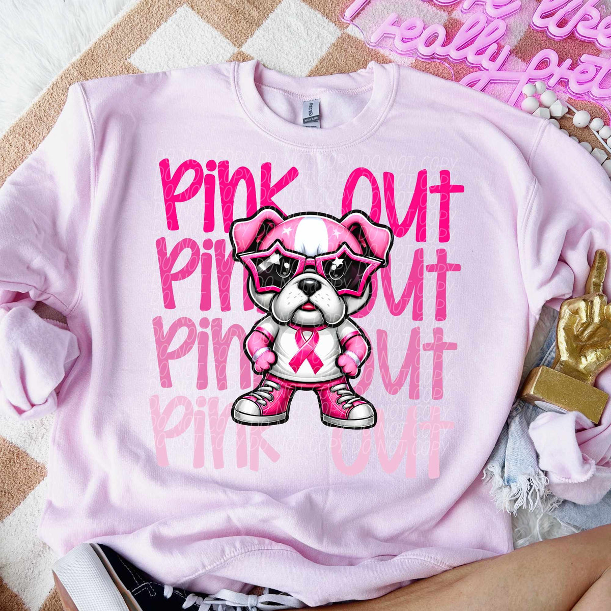 Pink out stacked bulldog character 60030 DTF transfer