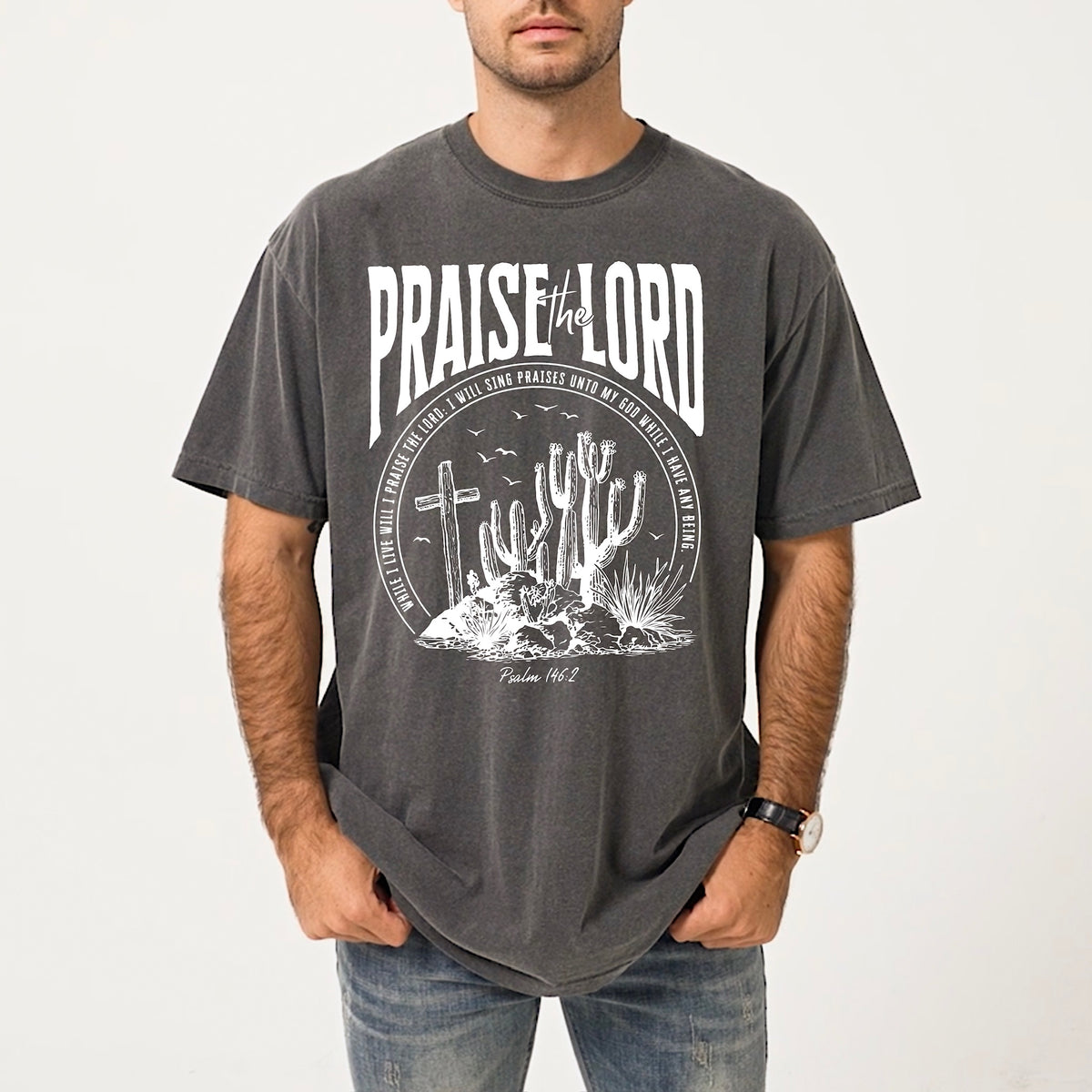 Praise the lord cactus and cross (white) DTF Transfer