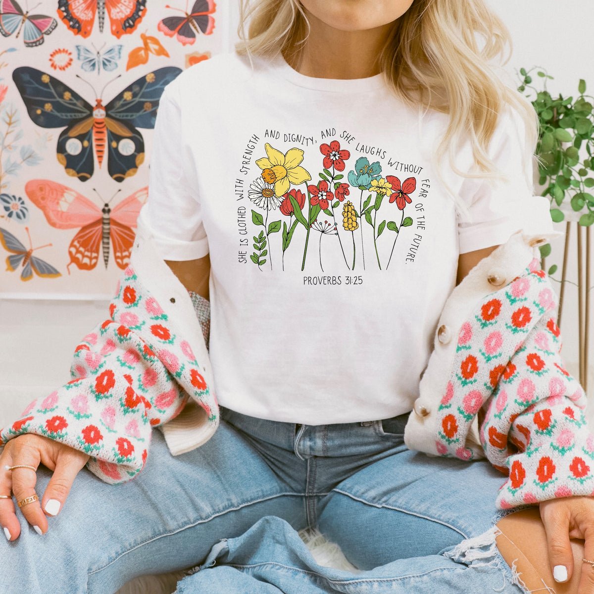 She is clothed with strength wildflowers (bright) DTF Transfer