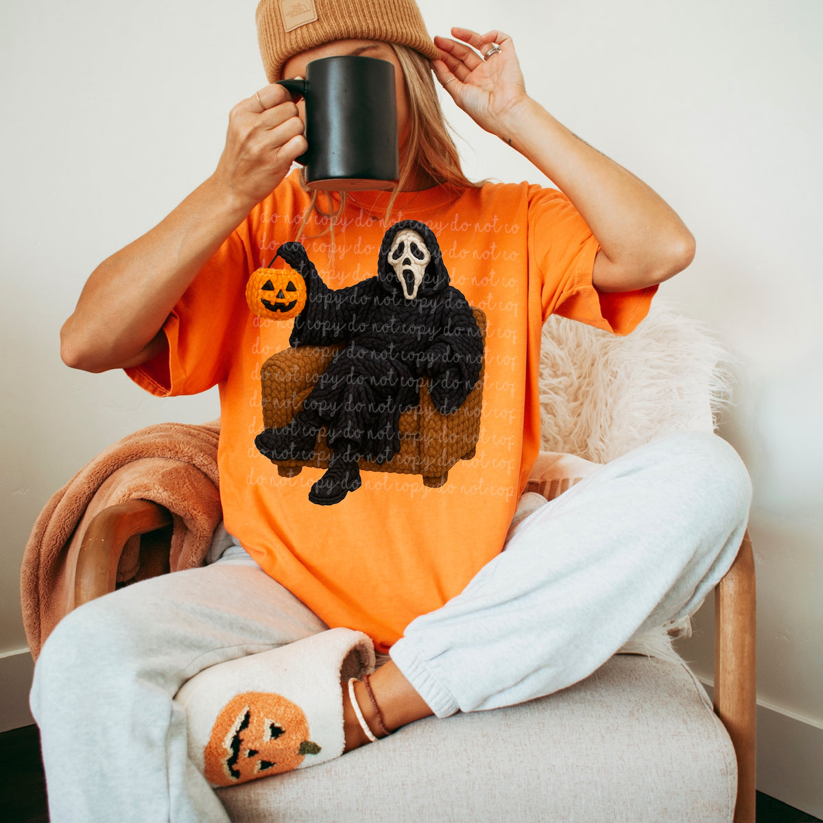 Ghost holding pumpkin on chair 115464 DTF transfer