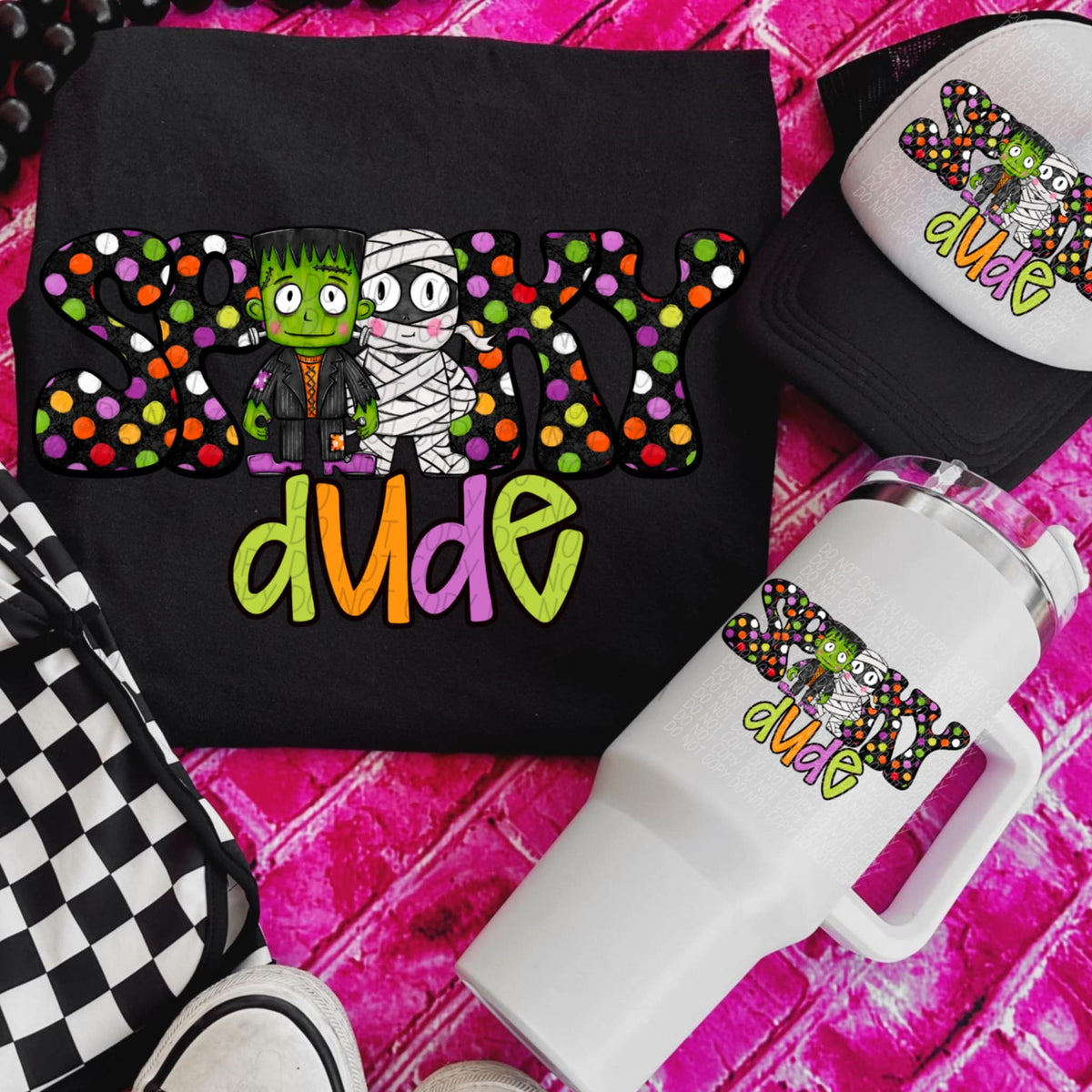 Spooky Dude polka dot mummy and Frankenstein (city) DTF transfer