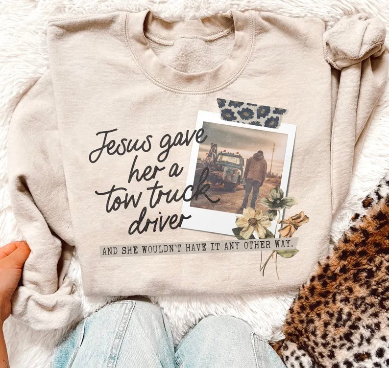 Jesus game her a tow truck driver 98572 DTF transfer