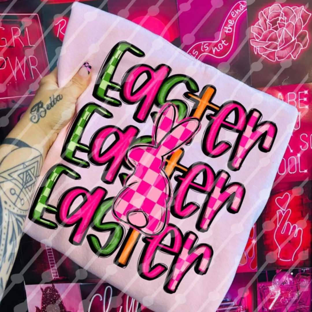 Easter stacked pink checkered bunny (JBD) 96582 DTF transfer