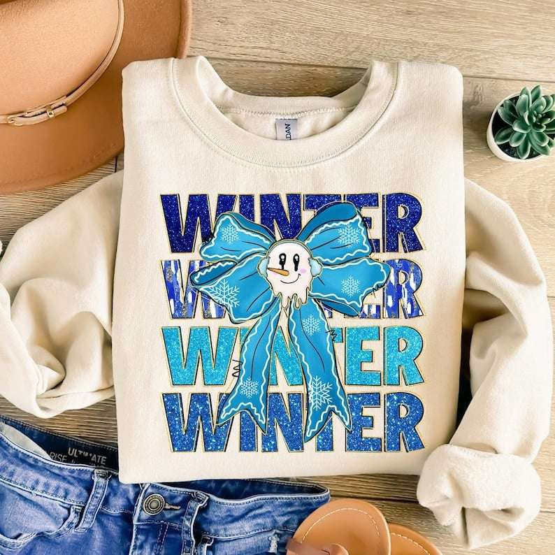 Winter stacked blue with bow 67932 DTF transfer