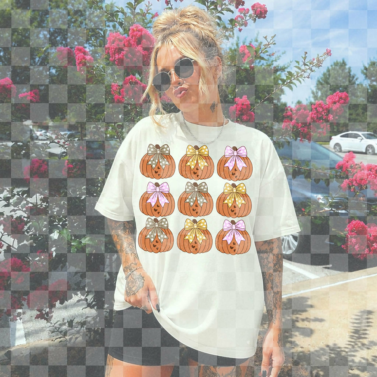 9 pumpkins with pink yellow black bows (Unhinged) DTF transfer