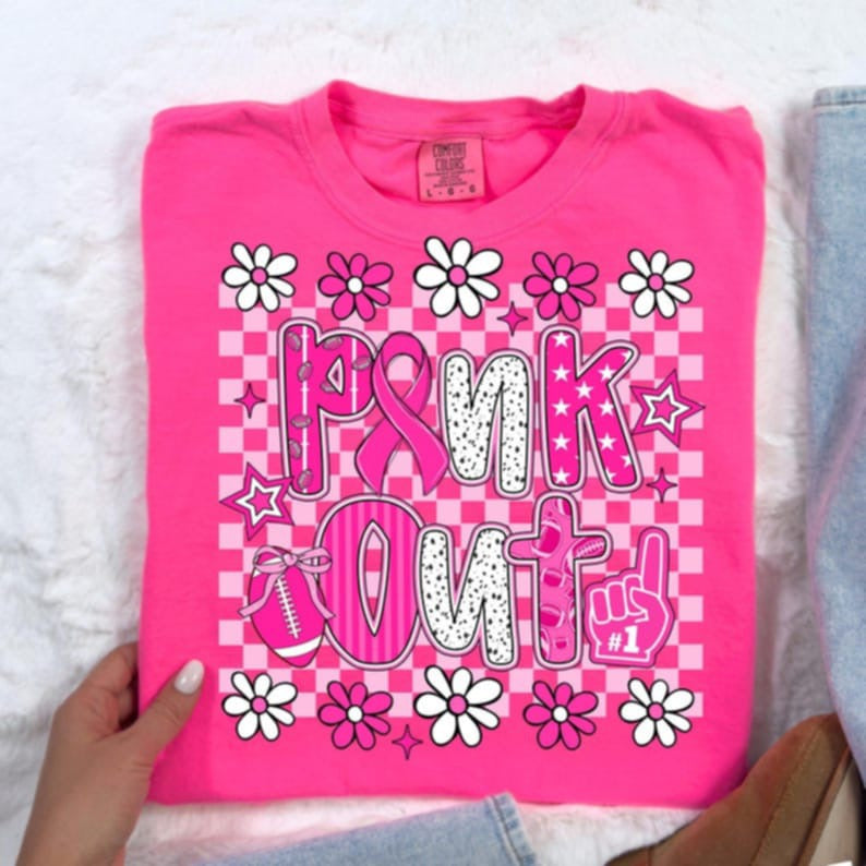 Pink Out Football with checker and flowers DTF transfers