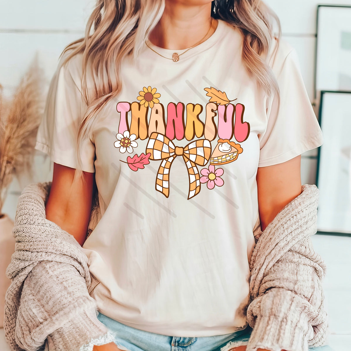 Thankful with leaves and bow DTF transfer