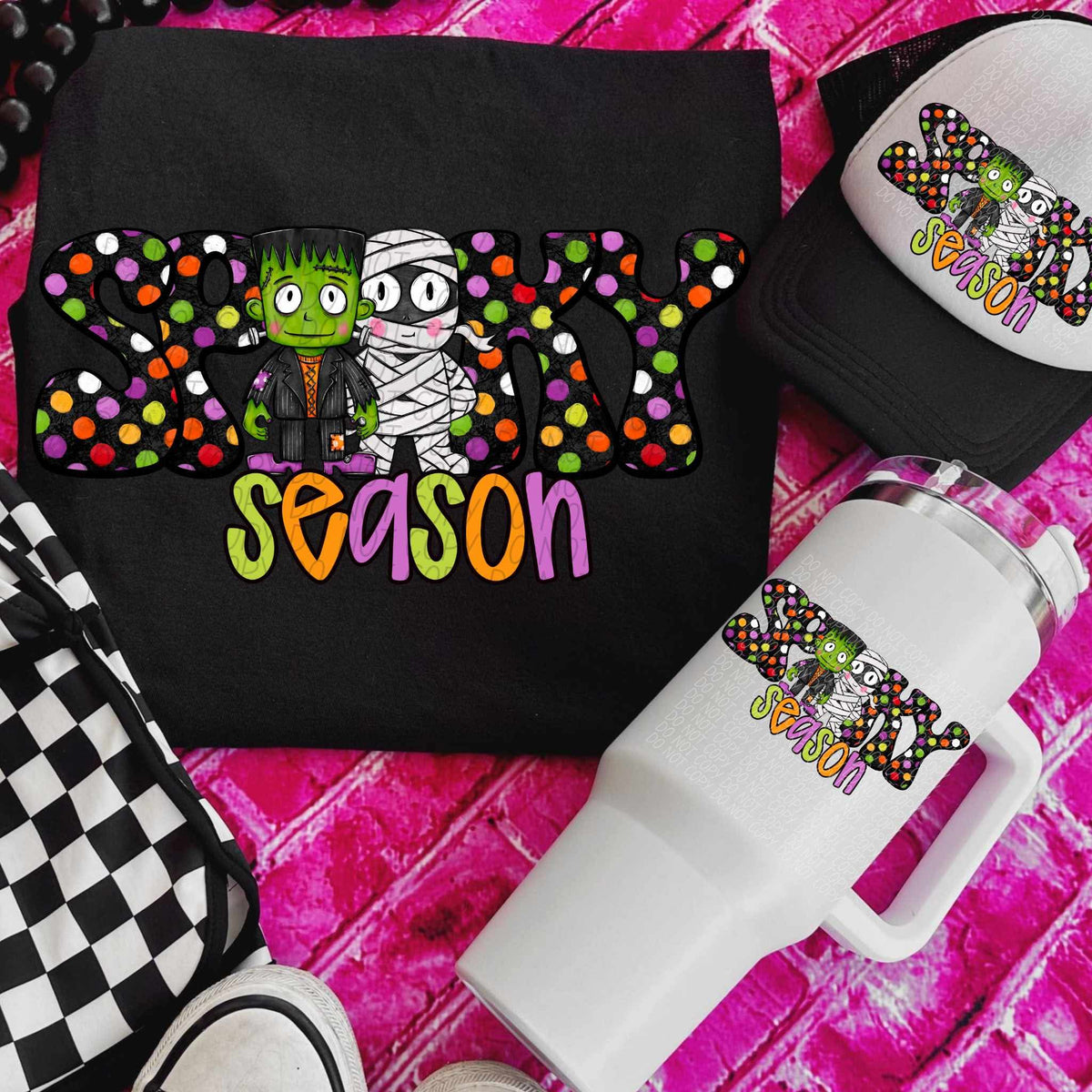 Spooky Season polka dot mummy and Frankenstein (city) DTF transfer
