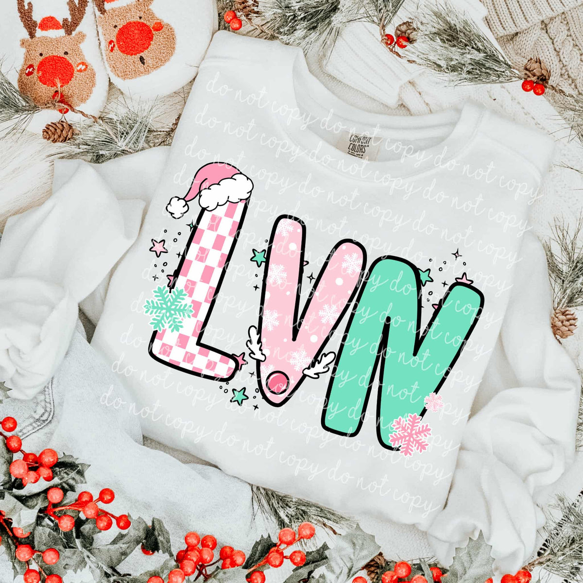 LVN Mint and Pink Christmas letters DTF transfer