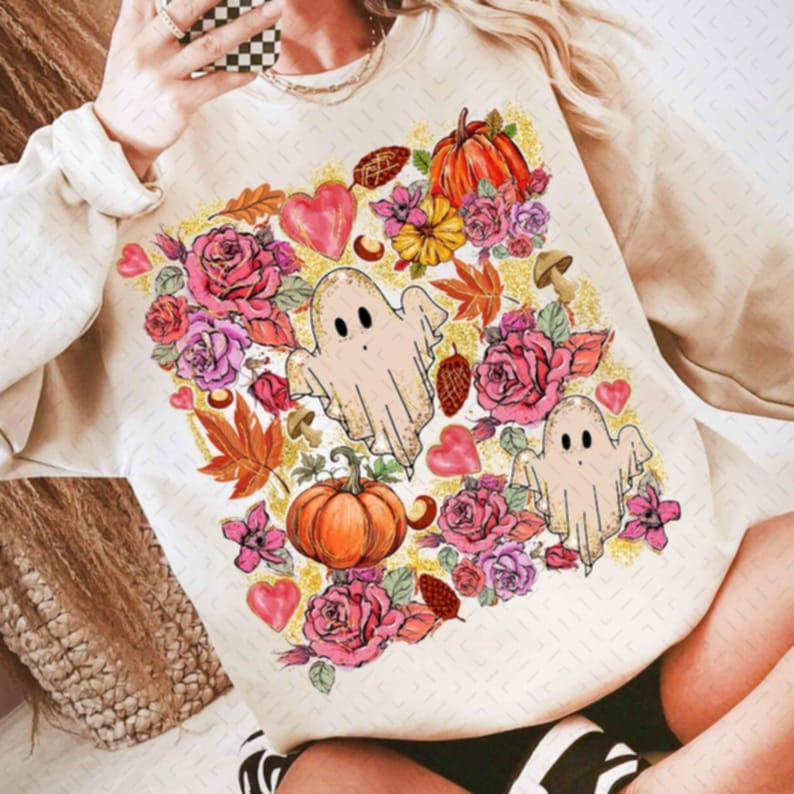 Ghosts with fall and floral background 107545 DTF transfer