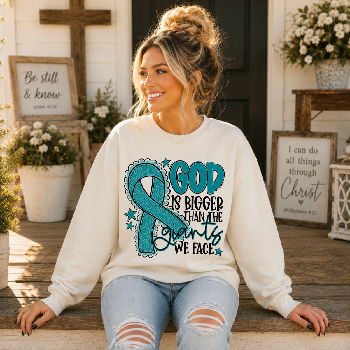 God is bigger than the giants we face DARK TEAL  ribbon (SDD) DTF Transfer