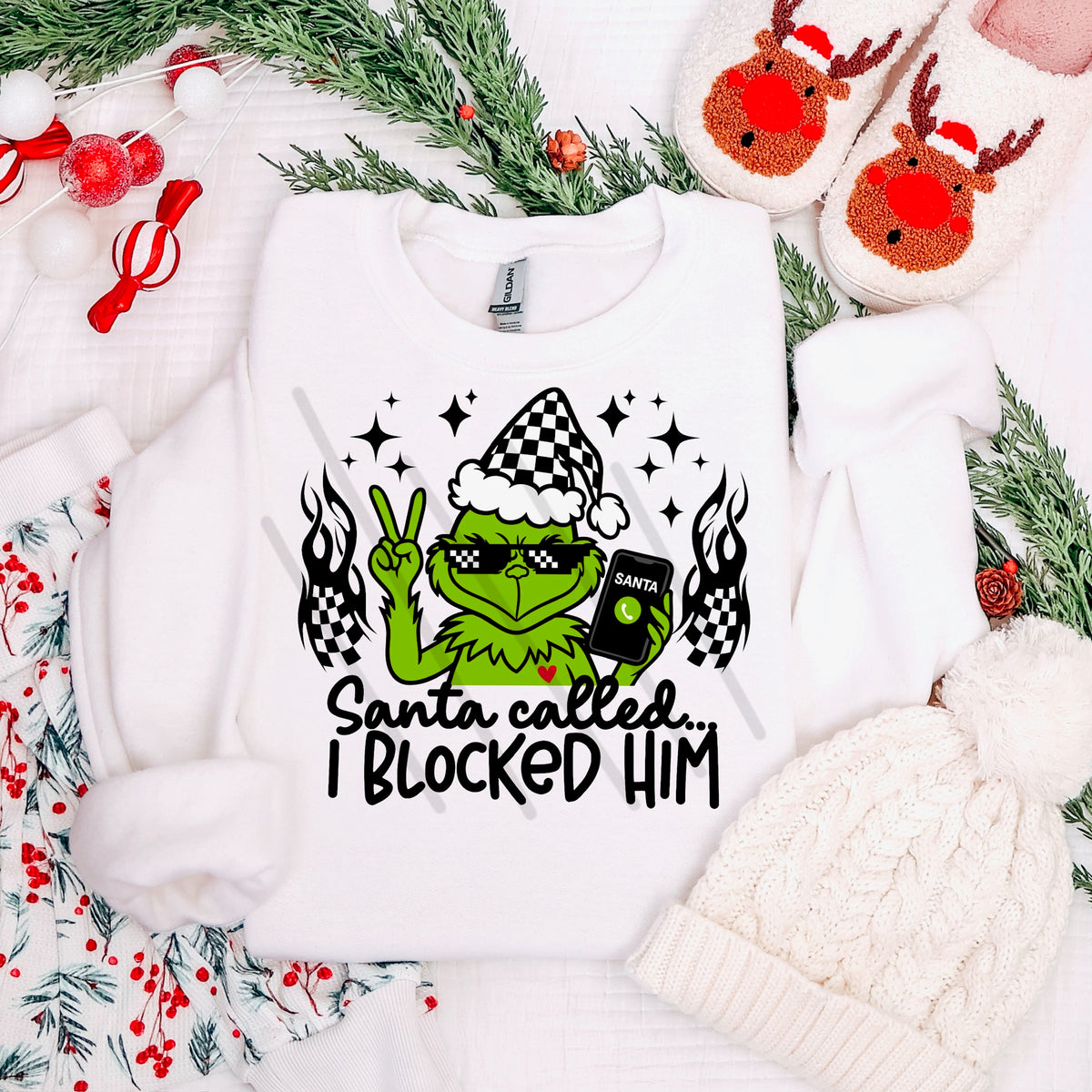 Santa Called, I blocked him Green Guy Checker flames (MZ) 113494 DTF transfer
