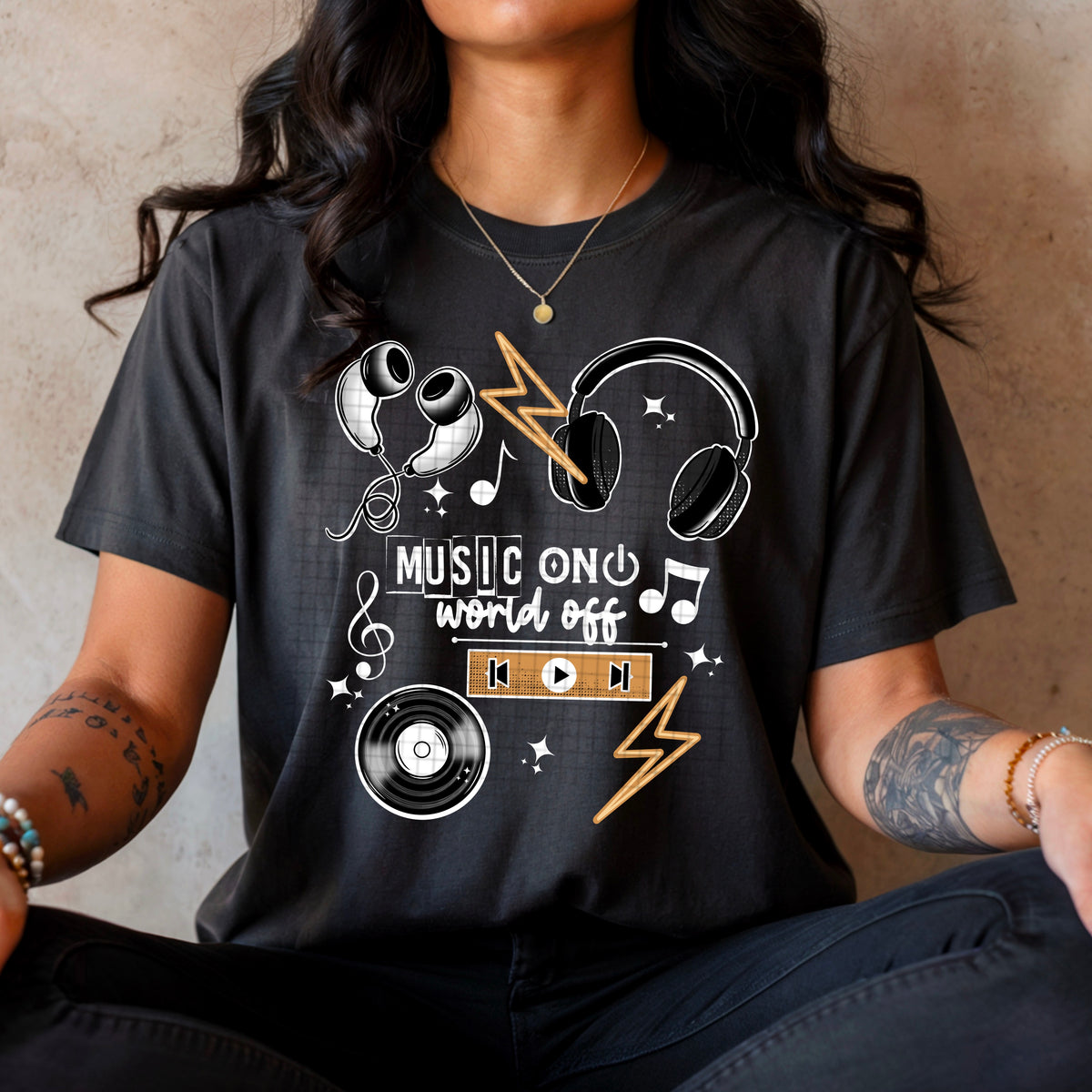 Music On World Off WHITE accents (CSC) DTF Transfer